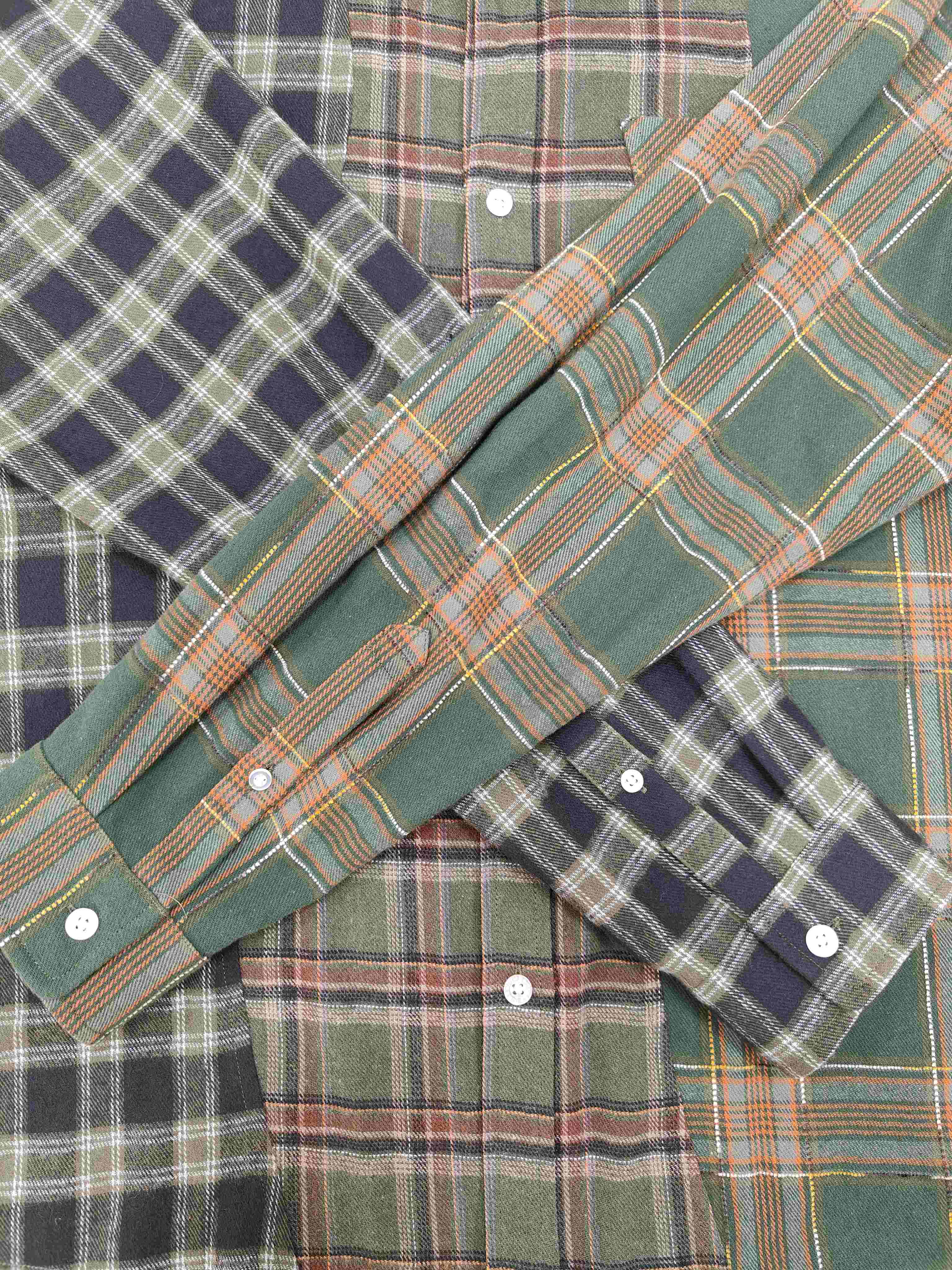 Men's Green Triple Plaid Shirt Cotton flannel shirt Button closure Logo embroidered at patch pocket Unisex Street Wear