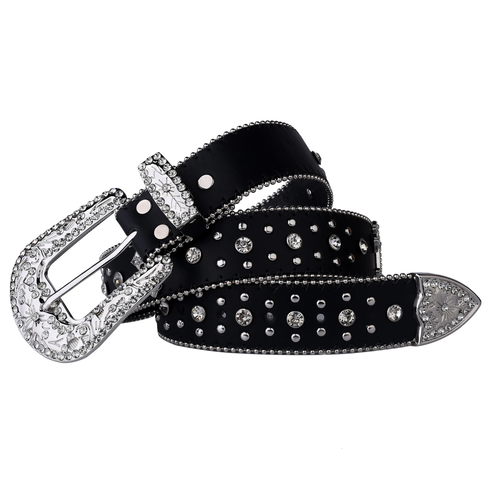 Black Cross Rivet Belt Engraved Buckle Rhinestone Decor PU Belt Hip Hop Jeans Pants Belt Punk Western Cowboy Cowgirl Belts 250227