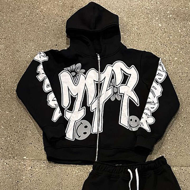 Fashion trend letter printed Y2K hip-hop street style casual cardigan hoodie set
