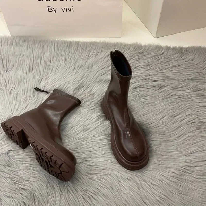 2025 Hot S Ladies Shoes Zipper Wens Boots Spring Autumn Round Toe Solid Short Barrel Platform Chunky H Fion Boots Z250304