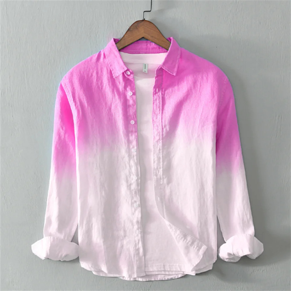 Mens linen casual comfortable long sleeved shirt fashion gradient trend mens oversized 250227