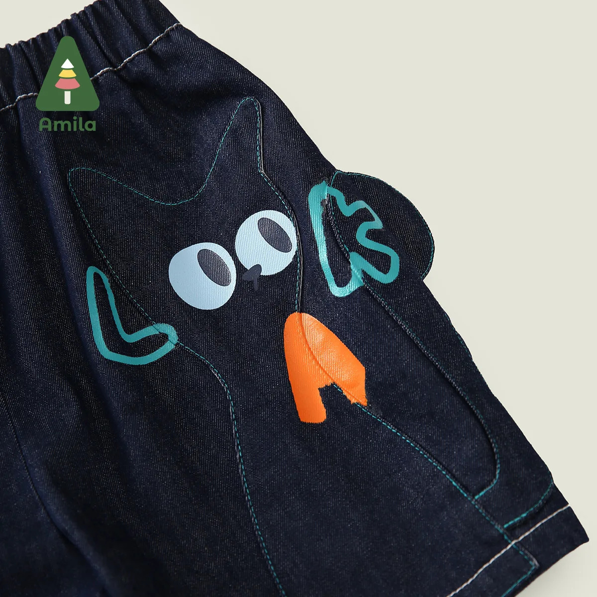 Amila Summer Boys Bottom Soft Denim Patchwork Cartoon Cat Dark Blue Boutique Breathable Quarter Pants 0-6Y 250304