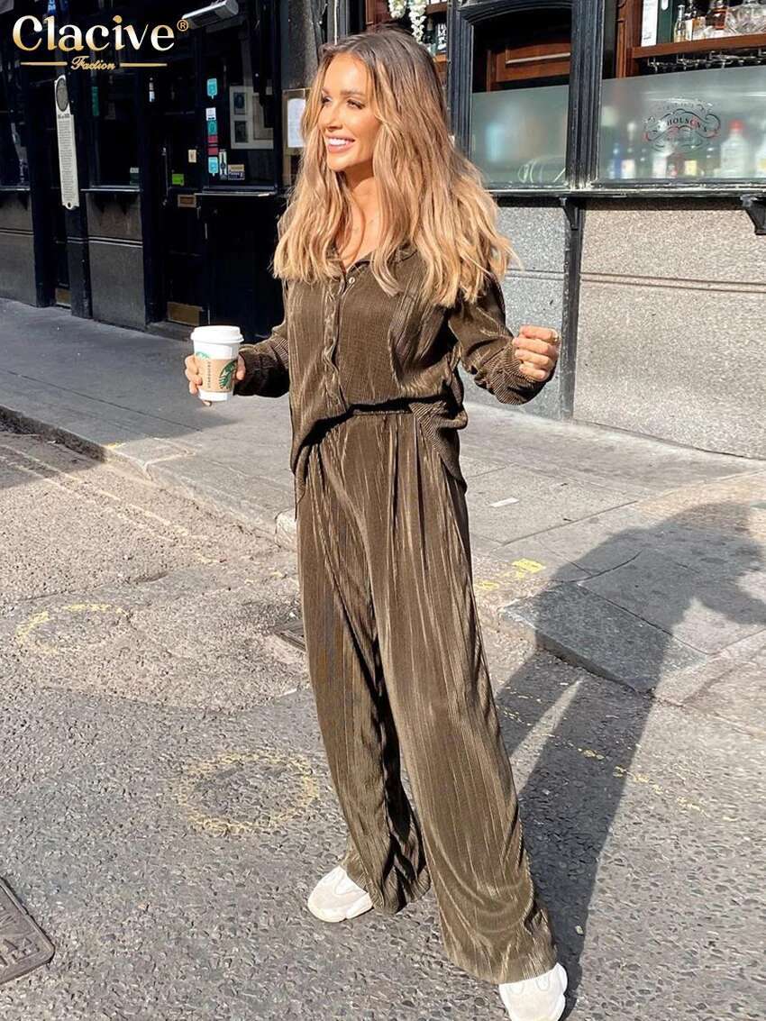 Clacive Casual Loose Shirts Pants Set Woman 2 Pieces Elegant Brown High Waist Pant Fashion Pleated Home Wide Trouser Suits