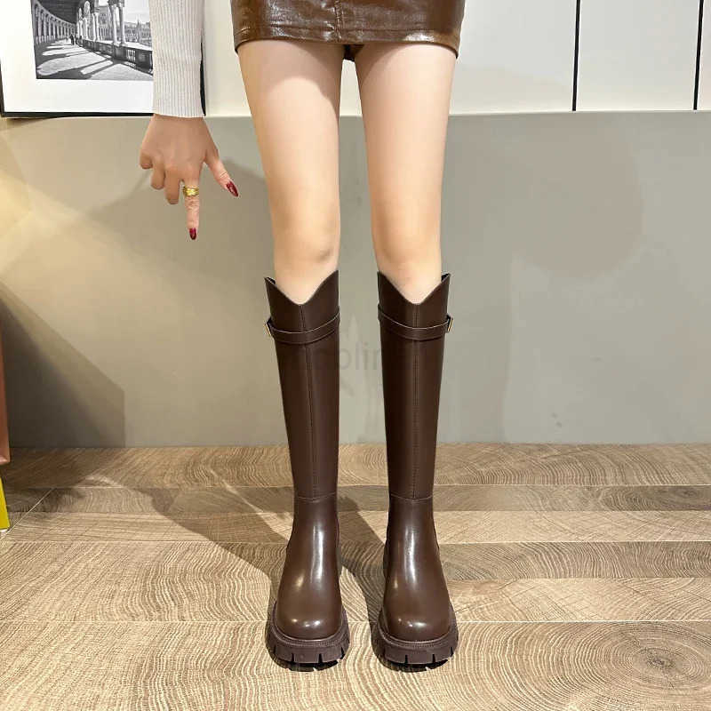Vintage Warm Plush Wen Knee High Boots Fion Belt Buckle Shoes Autumn Winter Low Heel Wens Knight Long Booties Z250304