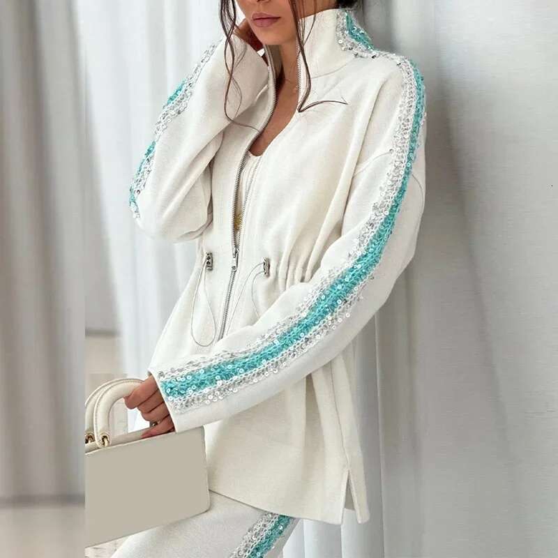 Vintage Sequin Solid Color Long Sleeved Drawstring Top & Wide Leg Pants Suit 2025 New Elegant Shiny Lady Chic Office Autumn Set