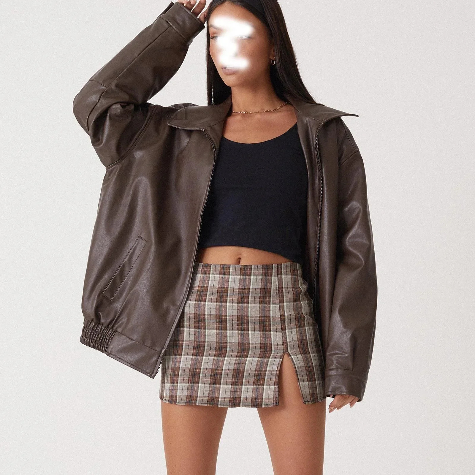 Womens autumn and winter PU leather jacket loose zipper long sleeved solid color fashion 250226