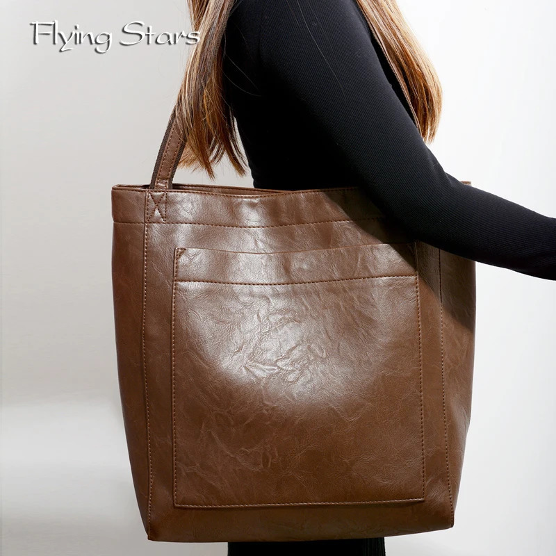 Ship from US Womens Shoulder Bag Oil Wax Leather Large Capacity Fashionable Big Tote Retro Soft Oversized Shopping Handbag 250304FBB