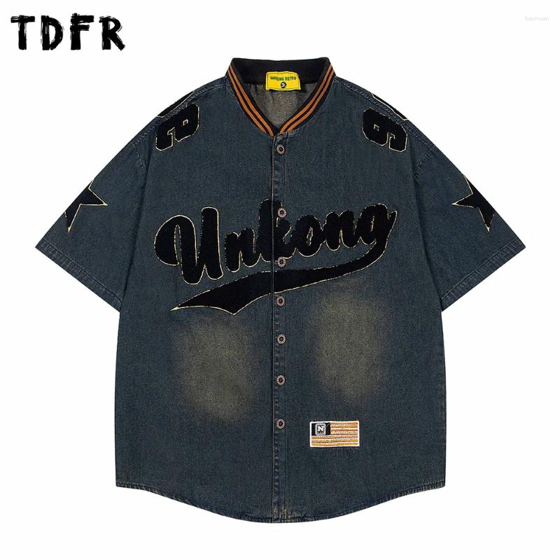 Men's Casual Shirts Letter Embroidery Denim Short Sleeve Mens Retro Streetwear Washed Distressed Spliced Stand Collar Single Breasted