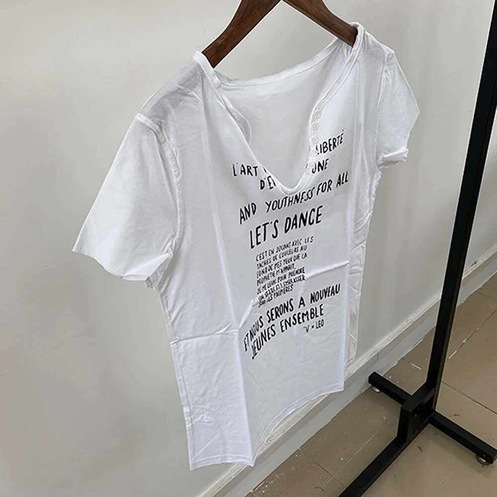 White Letter Graphic Print Women T-Shirt Summer V-Neck Cotton Lady Pullover Vintage Casual Femme Top 2025