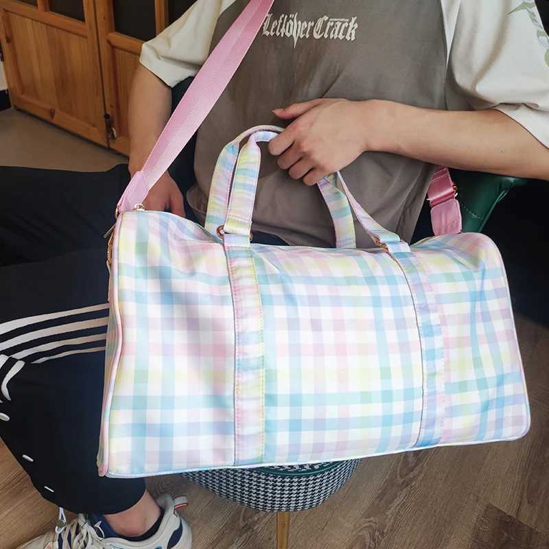 Nylon Waterproof Duffle Bags Travel Handbag Rainbow Gingham Travel Bags Custom Woman Large Fitness Yoga Handbags Y250304