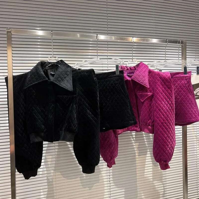 3-15 Winter Girls Cotton Three Dimensional Shoulder Dia Grid Clothes Set Short Jacket+Short 2Pcs Kids Suit Child Outfits