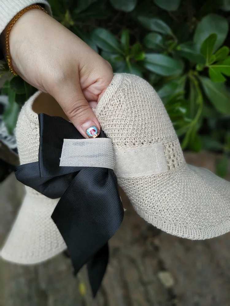 Summer Str hat with ribbon tie foldable beach hat outdoor sun hatXJ250304