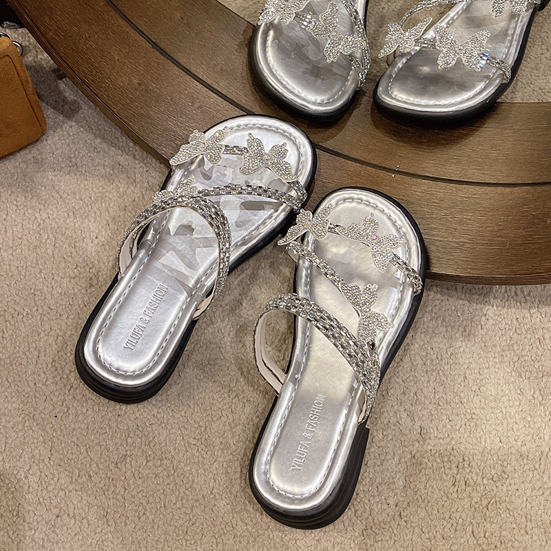 2025 new women's summer outdoor flat shoes designer, internet celebrity butterfly rhinestone with skirt, two pairs of sandals, trendy sandals, fa