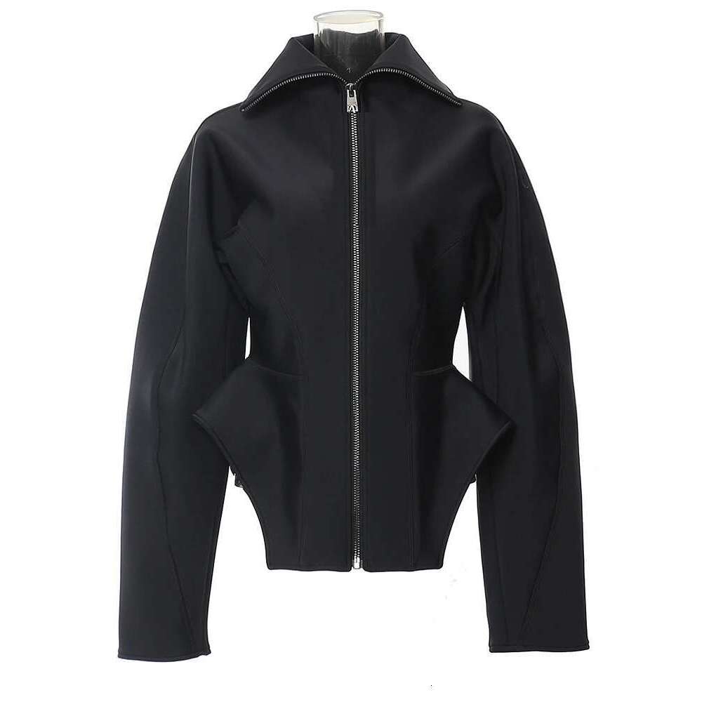 Fashion Women's Coat Lapel Zipper Waist Retraction Black Slim Personalized Cutting Jackets Autumn 2025 New Tide 7Ab4729