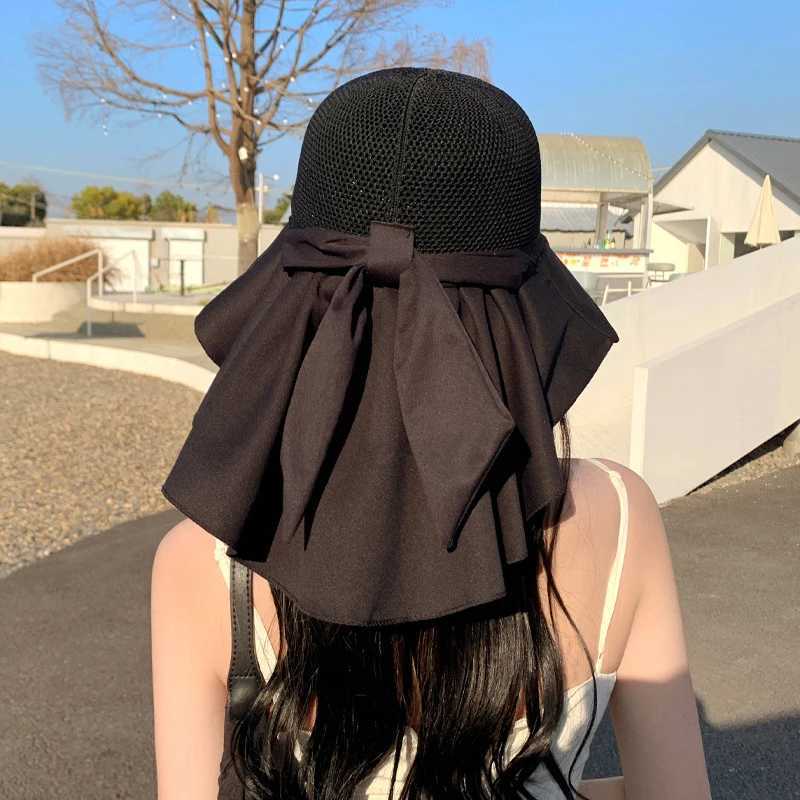 Summer Women Bucket Hat With Shl Lightweight Breathable Mesh Face Neck Protection Sun Hat Bow Pleat Beach C Design TravelXJ250304