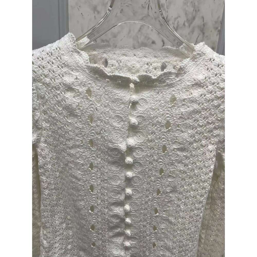 Women 100% Cotton Hollow Out Knitted Cardigan Tops Early Autumn Long Sleeve Single Breasted O-Neck Female 2 Color Sweater