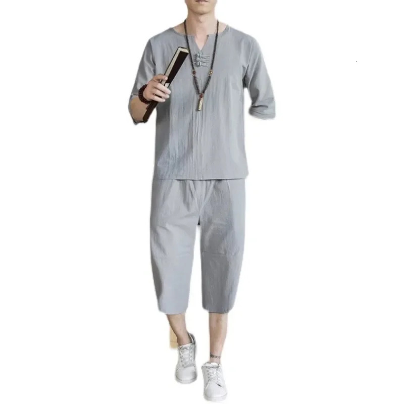 Mens Thin Linen Suit Summer Chinese Loose Large Cotton and Linen 2 Pieces Suit Short Sleeve Trousers 2 Pieces Set 250303
