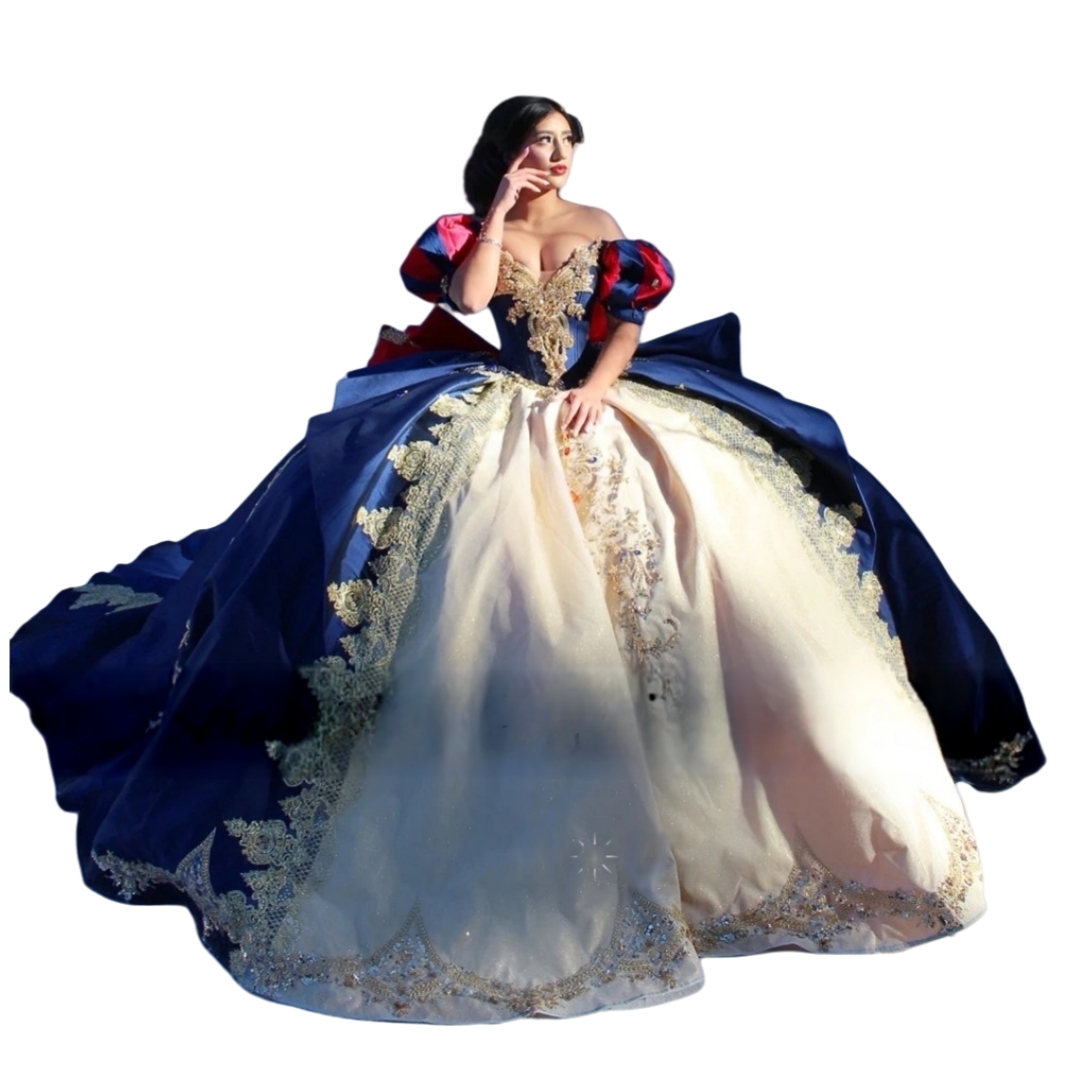 Cinderella Vintage Princess Quinceanera Dresses With Big Bow Back Off Shoulder Short Sleeves Sweet 16 Dress Gold Lace Applique Crystals Beaded Masquer