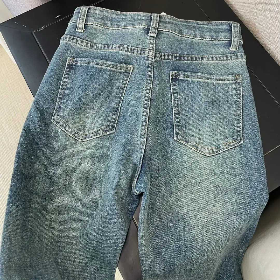 Retro Washed Diamond-encrusted Jeans Womens Spring Sense High-waisted Straight-leg Pants Loose Wide-leg Mopping Pants 250228
