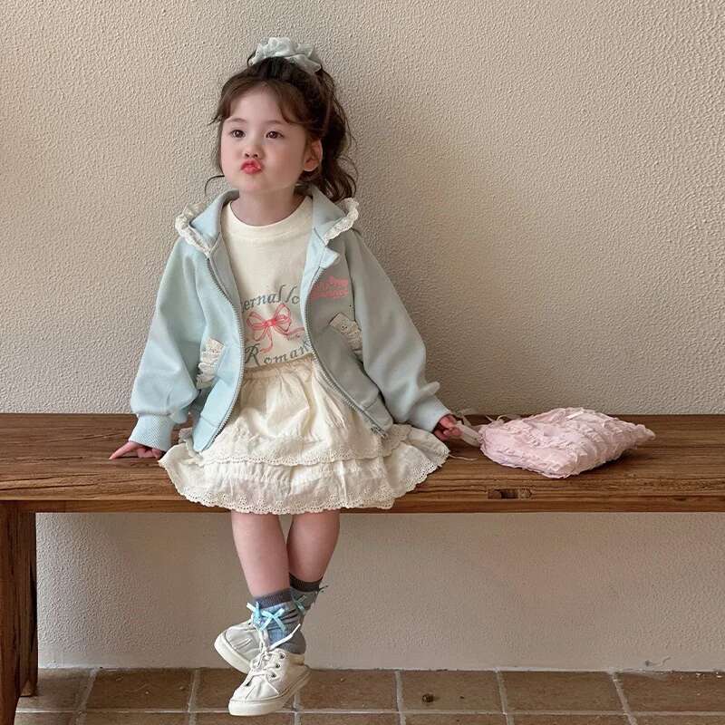 Ddmyshoesvip Spring Korean Baby Jacket Cotton Letter Lace Pocket Hood Kid Coat Loose Zipper Trendy Toddler Girl Outerwear