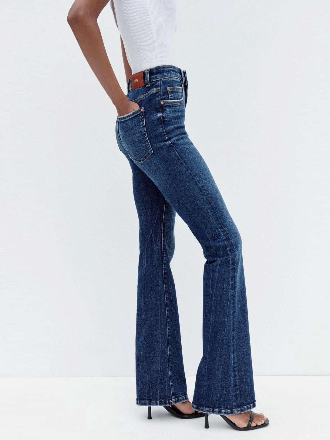 TRAF Women's Slim High Waist Flared Jeans New Pocket Zip Button Closure Stretch Wide Leg Washed Effect Fashion Trousers