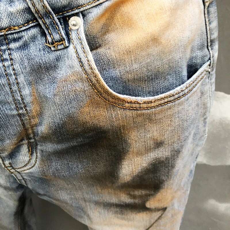 High Street Blue Men's Trendy Paint Inkjet Small Feet Elastic Jeans Hip Hop Stretch Trousers Jean For Men Motorcycle Pants