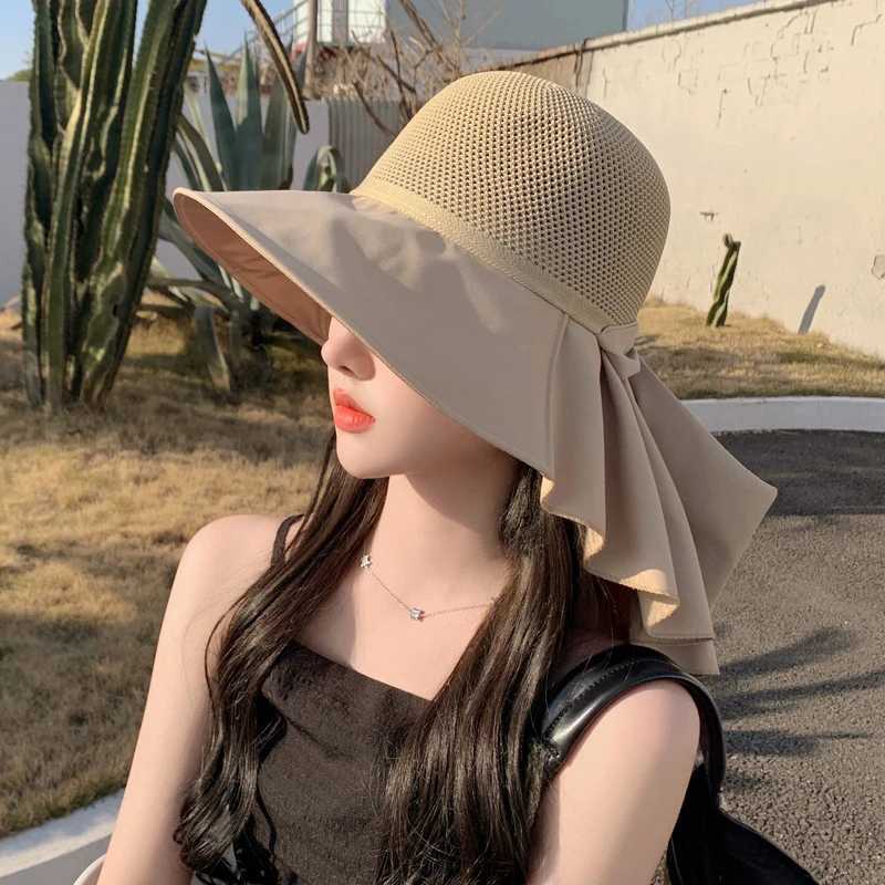 Summer Women Bucket Hat With Shl Lightweight Breathable Mesh Face Neck Protection Sun Hat Bow Pleat Beach C Design TravelXJ250304