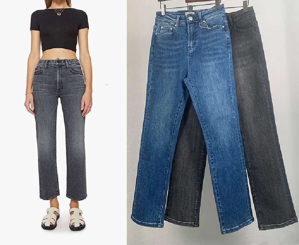 Women's Street Straight Cropped Denim Pants High Waist Slim Stretch Solid Jeans