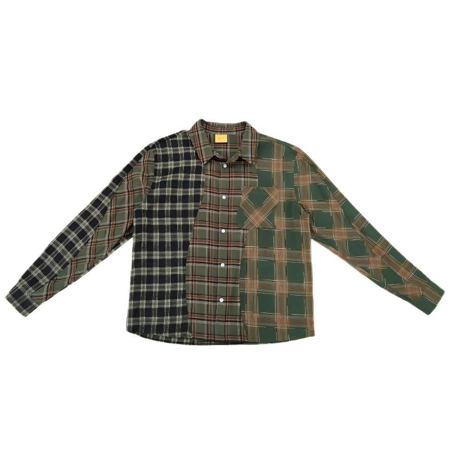 Men's Green Triple Plaid Shirt Cotton flannel shirt Button closure Logo embroidered at patch pocket Unisex Street Wear