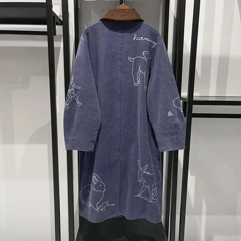 Women 2025 Autumn And Winter Washed Distressed Animal Embroidery Contrast Color Corduroy Lapel Long Jacket