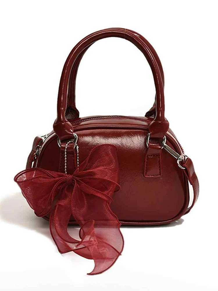 Womens Red Handbag Korean Style Fashion Lace Bow Decoration Bridal Square Bag 2025 New Pu Leather Cross Body Bag Womens Z250303