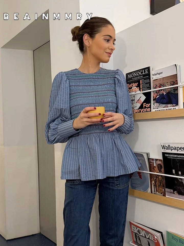 Vintage Striped Women Pleated Printed Blouse Fashion Round Neck Long Sleeves Slim Shirt Spring Female High Street Outerwear 250228