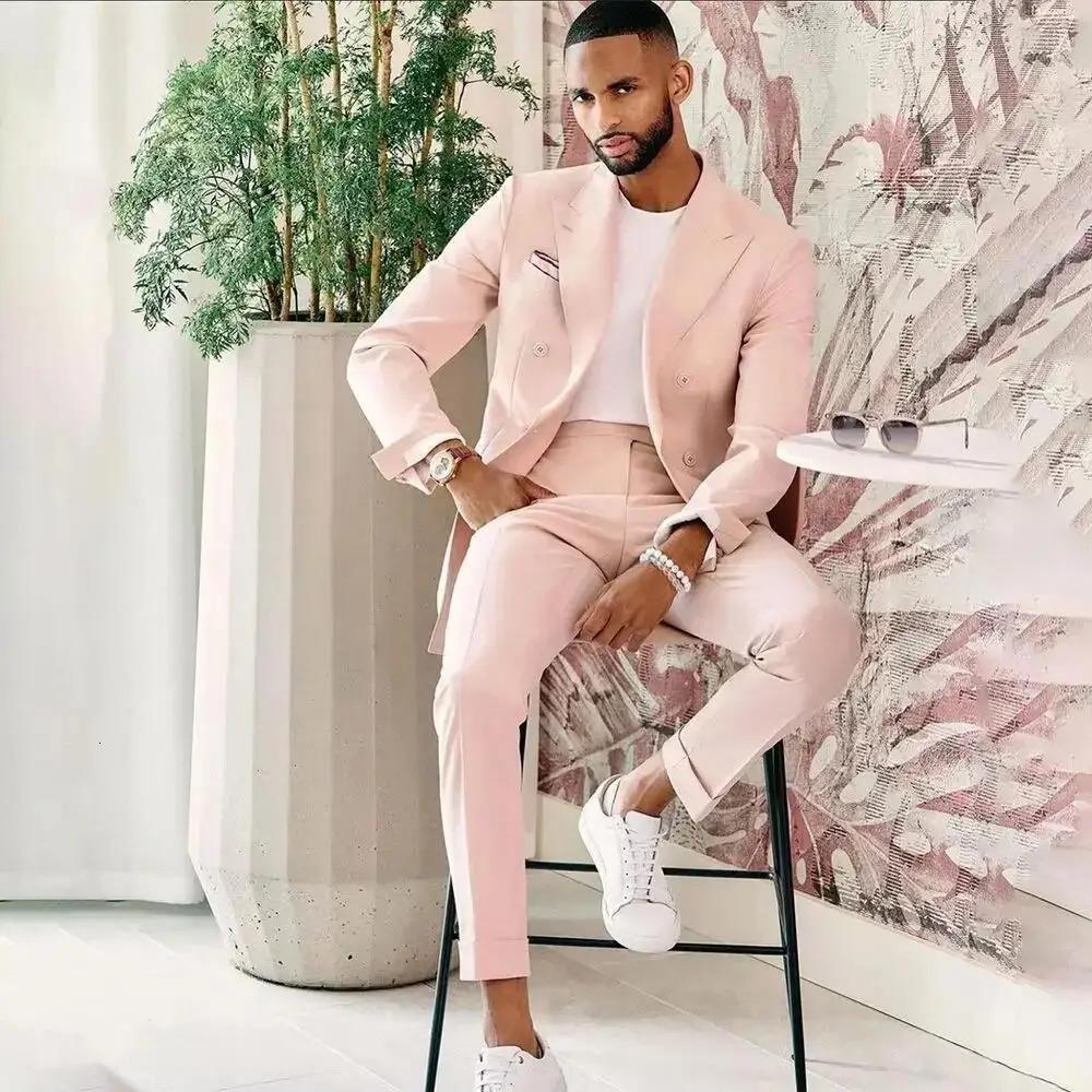 Pink Slim Men Suit 2 Pieces JacketPants Fashion Gentleman High Quality Lapel Double Breasted Blazer Set 250224
