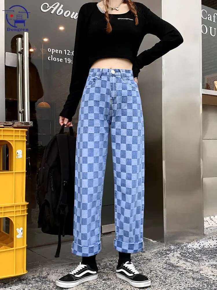 New Vintage Plaid Blue Women's Street High Waist Slim Loose Straight Wide Leg Casual Denim Pants Women Jeans