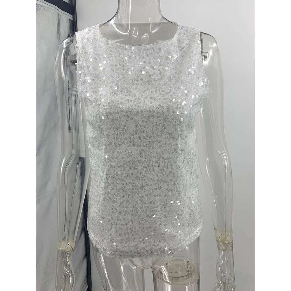 Nightclub Sleeveless Sequined Vest,Tanks & Camis,Women Sexy Tank Top,White Tops Women,2000s Clothes Y2k For Women &