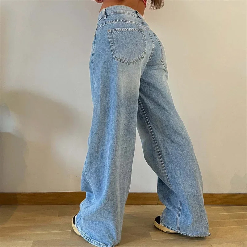 Retro American straight jeans womens high waisted casual loose denim pants womens comfortable commuting wide leg Trousers 24 250228