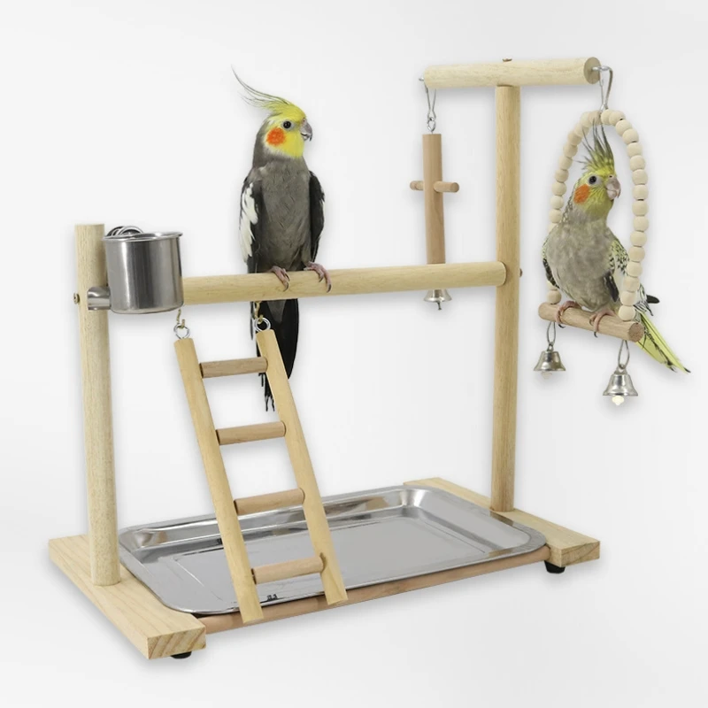 Wooden Bird Swing Toy Parrot Perch Stand Playstand with Chewing Bead Cage Playground Bird Swing Toy Wooden Parrot Perch Bird Toy