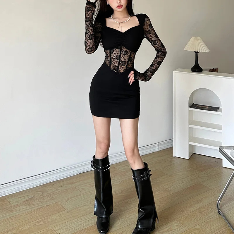 Nibber Black Mysterious Sexy Lace Stitching Mature Fishbone Beautiful Sweet Gentle Womens Winter Long Sleeve Hip Short Dress 250227Z
