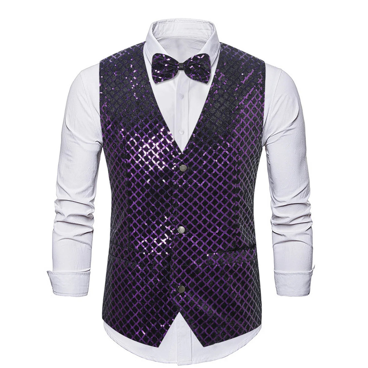 4809 Spring Mens Vest Vneck With Bow Plaid Sequins Suit Single Breasted Sleeveless Waistcoat Loose Male Dance 250304