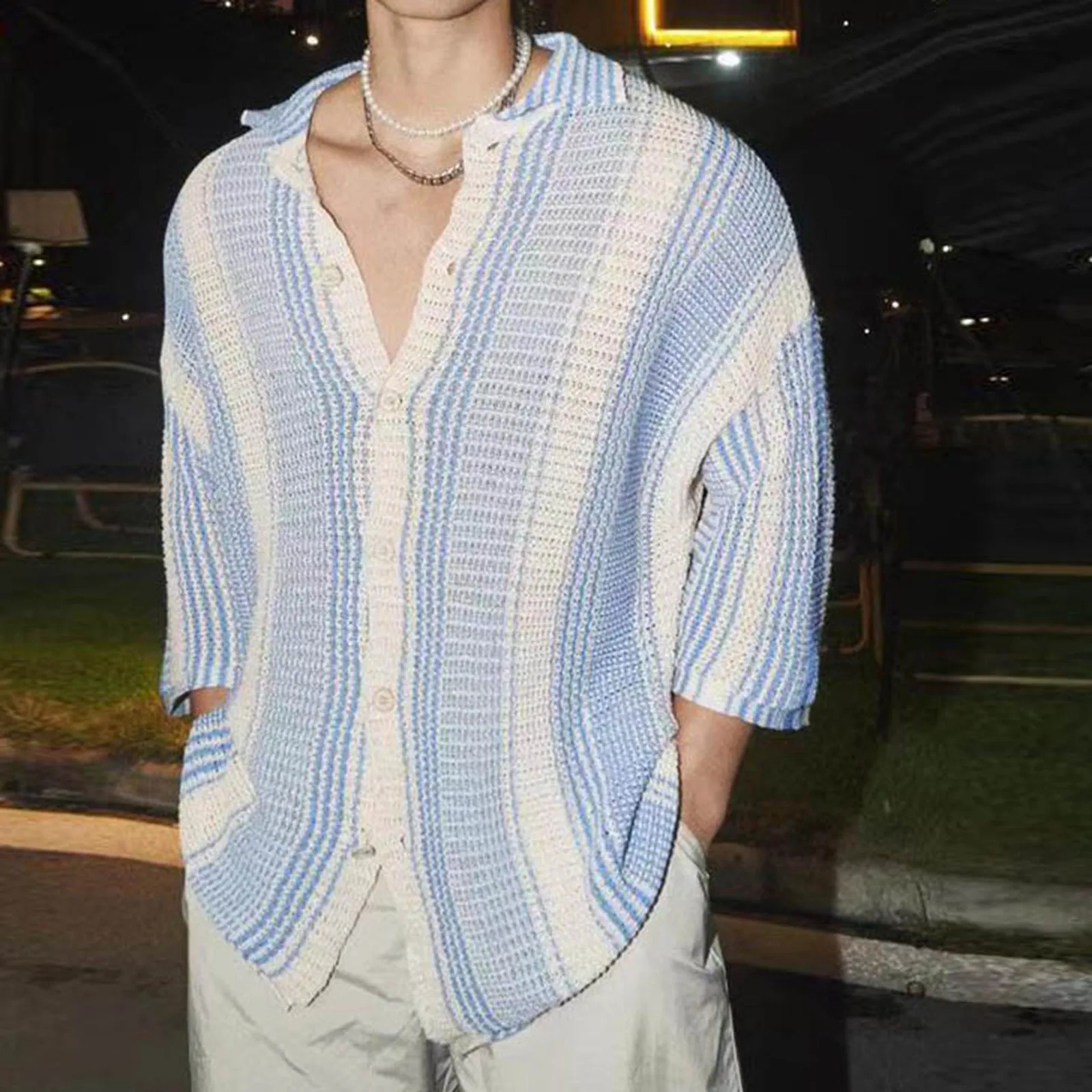 Summer Clothing MenS Hollow Out Knitted Short Sleeve Polo Shirt Leisure Striped Button-Down Shirts Breathable Knitwear 250304
