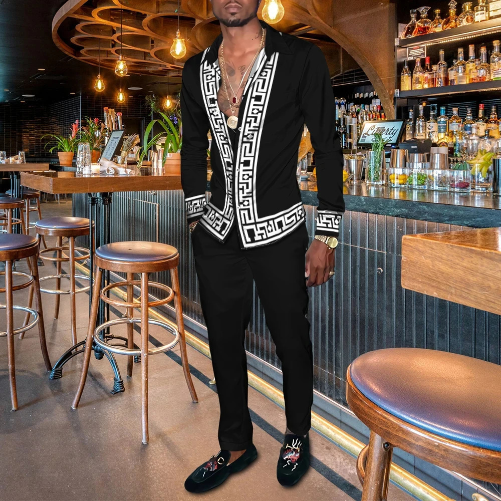 Mens Shirt Suits 3D Print Retro Harajuku Fashion Men Casuan Breathable Mens Lapel Long Sleeve Shirt Long Pants Two Piece Set 250303