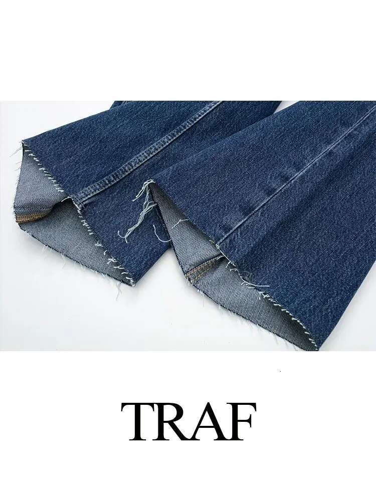 TRAF 2024 Women's Street Trendy Denim Deconstructed Trousers Embellished Mid-Waist Wide Leg Pockets Versatile Jeans