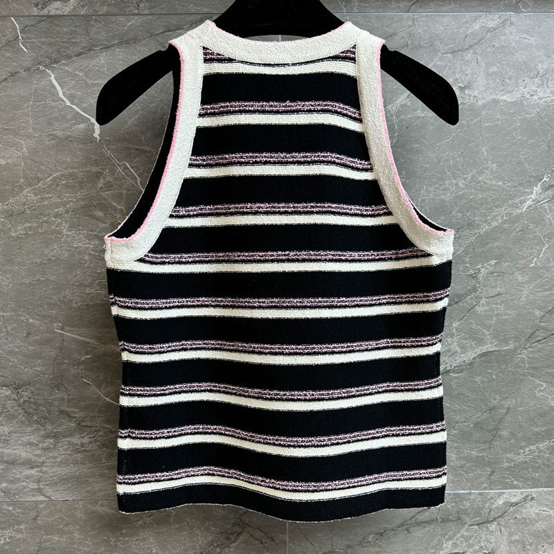 Fashionable Ladies Cashmere Knit Striped Vest Fashion Round Neck Multi-Color Sleeveless Top Slim Stretchy Elegant Early Spring High-Quality Luxury Des