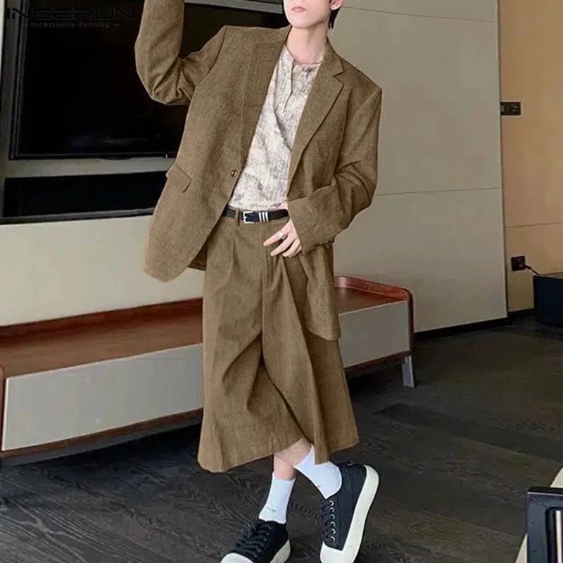 INCERUN Korean Style Sets Stylish Mens Long Sleeved Suit Long Pants Casual Streetwear Solid All-match Suit 2 Pieces S-5XL 250303