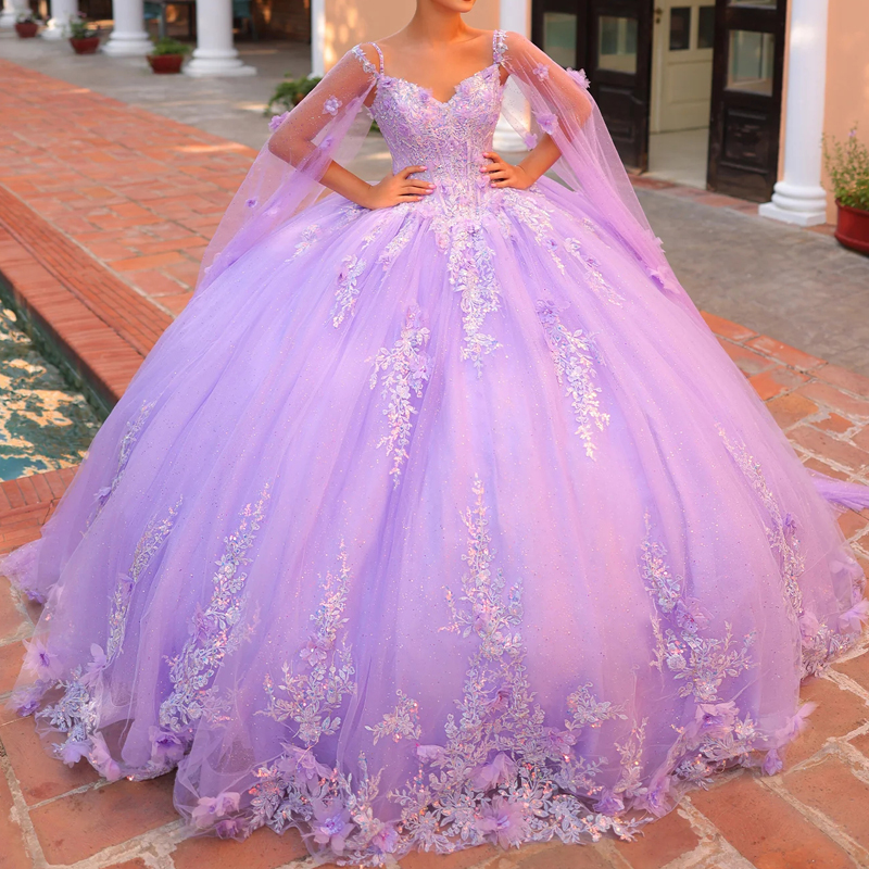 Light Lilac Shiny Quinceanera Dresses Ball Gown Off The Shoulder Applique Flower Beads Corset Tull Party Birthday Sweet 16 Vestidos 15 De Anos