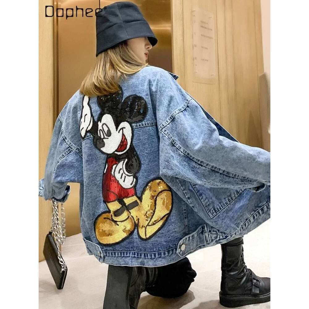 2022 Spring Autumn Long Sleeve Embroidered Sequin Cartoon Oversized Denim Jacket Women Loose Mid-Length Fashionable Jeans Coat