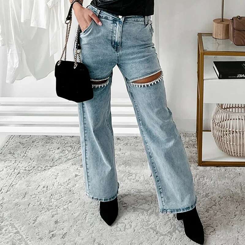 Women's Dia Patchwork Slim Long Pants, Sexy Hollow Zipper Jeans, Casual High Waist Button Denim Trousers, Summer Fashion, 20
