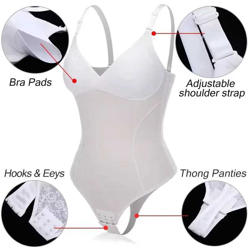 V-Neck Lace Thong Bodysuit Women Sexy Shapewear Top Tummy Control Waist Trainer Body Shaper Removable Chest Pad Slimming CorsetXJ250304