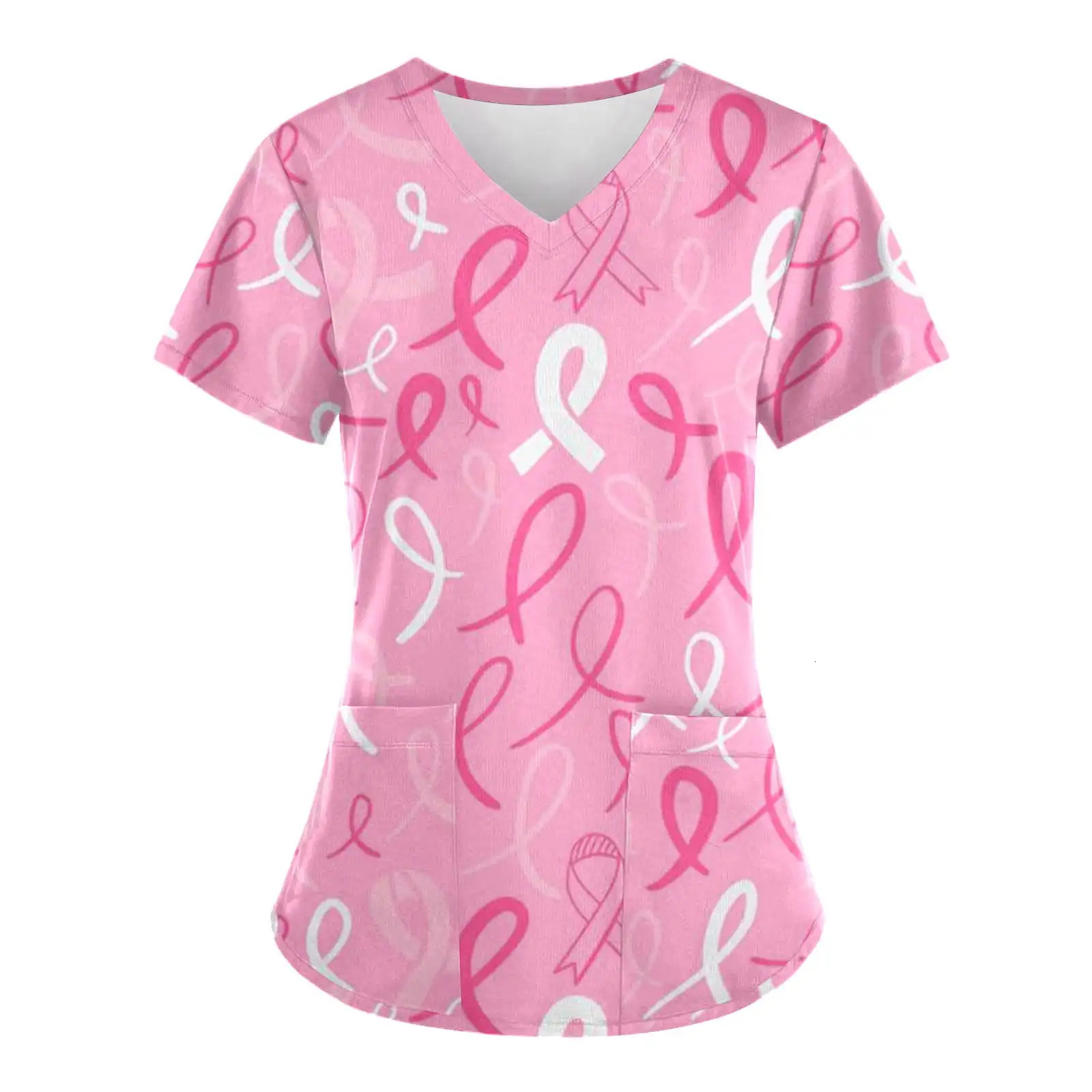 Scrubs Uniform Pink Ribbon Cancer Fighter Graphic Womens Uniforms V Neck Short Sleeve Tops with Pockets Scrubs for Wome 250303