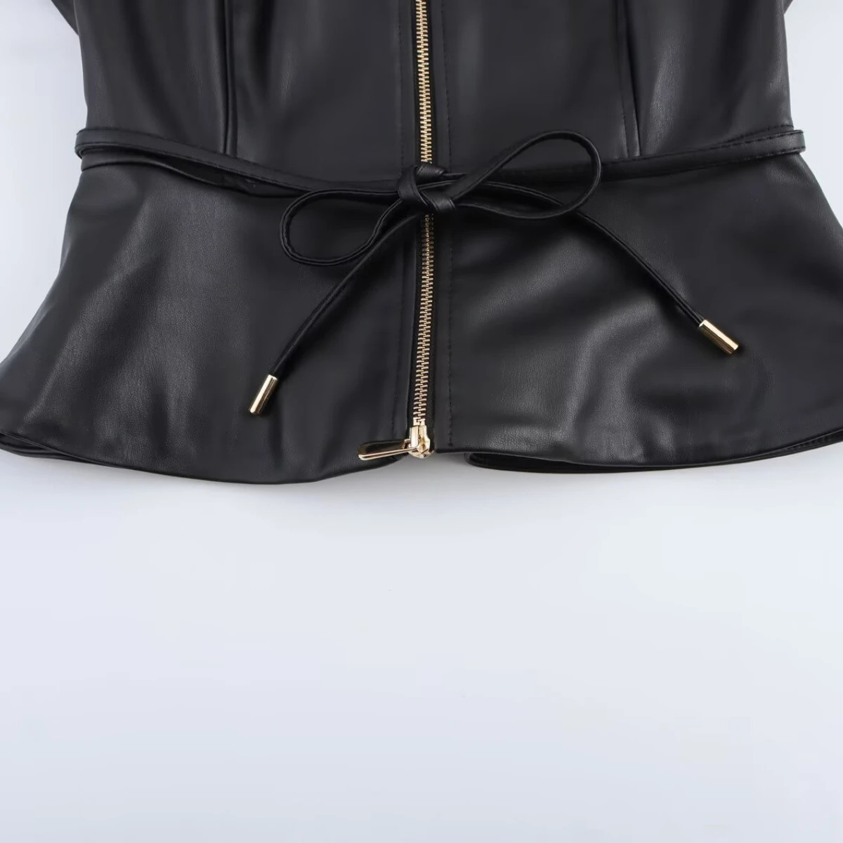 ZBZA Womens Leather Ruffle Jacket Round Neck Long Sleeve Front Zipper Thin Belt Top Spring Summer Chic Outerwear 250226